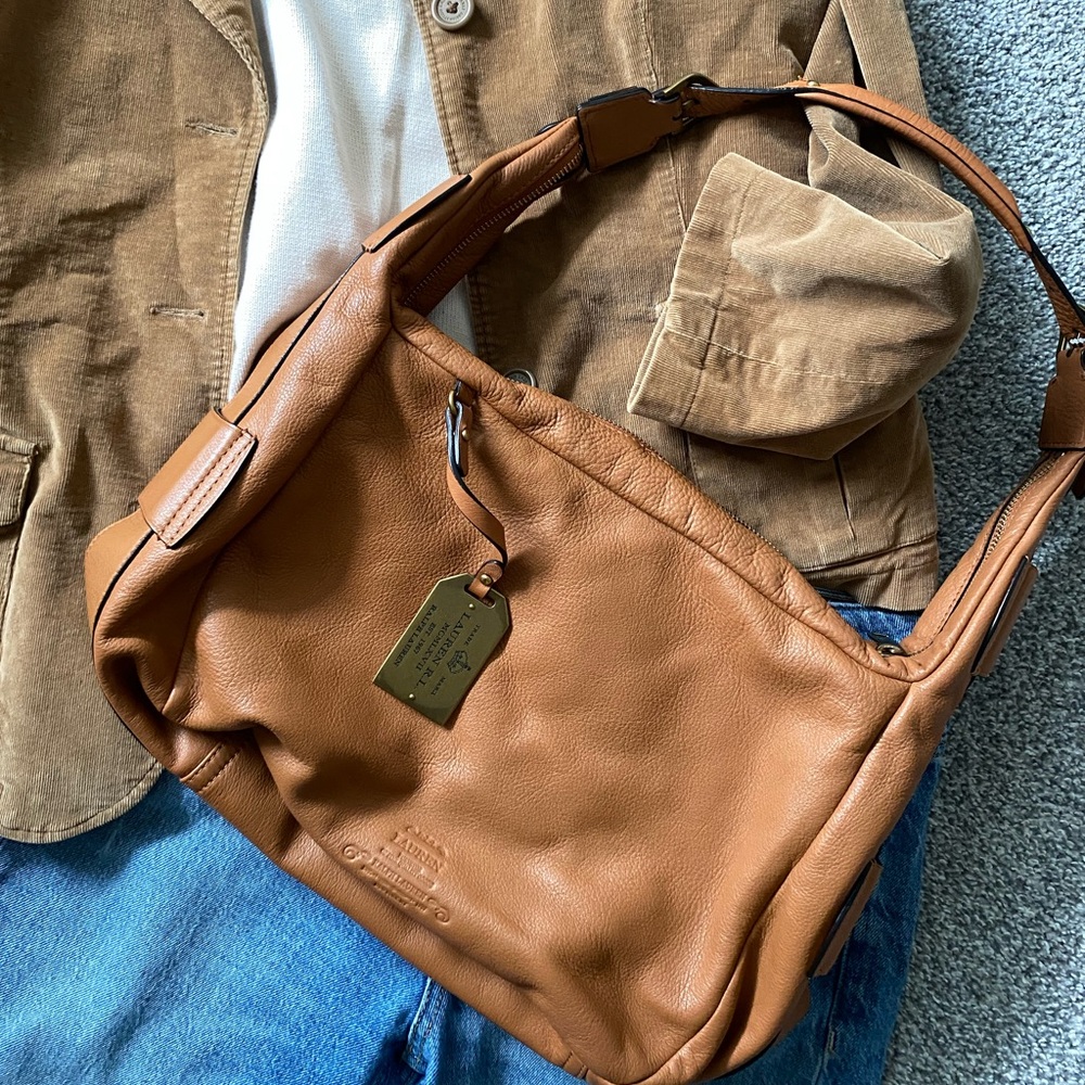 Lauren by Ralph Lauren Genuine Leather Hobo Shoulder Bag - Tan & Brass